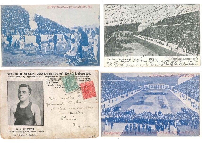 sport. Album d’environ 90 cartes postales illustrées, [début XXe siècle].

Cartes avec ou sans messages, représentant le stade des Jeux Olympiques d’Athènes en 1906, des gymnastes, escrimeurs, boxeurs, patineurs artistiques, skieurs (Vosges, Lozère, Pyrénées…), etc., ainsi que des scènes d’alpinisme, bobsleigh, hockey sur glace, tennis (au Congo Belge), jeu de balles à Denain, etc.