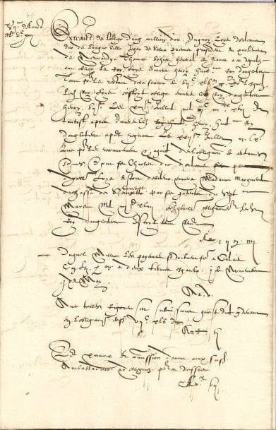 traités de paix. Manuscrit, 1546 et s.d. (XVIe siècle) ; 33 pages in-fol., sous cartonnage moderne marron ; en latin et français.

Alliance franco-vénitienne de Blois, comportant la déclaration de paix du 9 avril 1499 et la bulle de ratification de Venise, du 9 juillet 1499. Cette alliance stipule la liberté de commerce et l’obligation pour Venise de soutenir la conquête de Milan. [Échec pour Ludovic Sforza, mais Venise se donne un voisin plus dangereux que le Condottiere.] Copie établie par Sébastien Le Bon, garde du Trésor des Charles, le 8 octobre 1546... Reconnaissance de dette de Louis XII envers Henry VIII : clauses financières et « rolle des payemens » du traité du 7 août 1514... Extrait du traité de paix fait à Londres en 1518 (le 14 octobre), entre l’Empereur et les Rois de France et d’Angleterre : ce traité rend Tournai à la France et établit le mariage du Dauphin François, fils de François Ier, et la fille du Roi d’Angleterre... Traité de Hampton Court entre les Rois de France et d’Angleterre, 8 août 1526 : François Ier consolide son alliance avec Henry VIII. Ils conviennent qu’aucun ne prêtera de secours contre l’autre, et que le Roi d’Angleterre tiendra la main à ce que Charles-Quint libère les enfants de France, otages à Madrid...