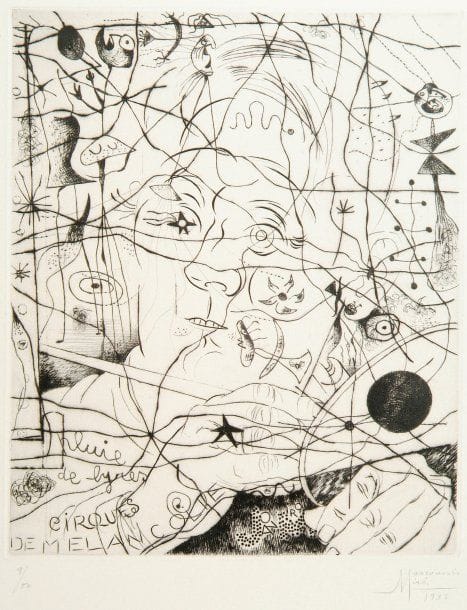 Joan MIRÓ (1893-1983) et Louis MARCOUSSIS (1878-1941)
Portrait de Miro. 1938. Eau-forte, pointe sèche et burin (gravure en collaboration des deux artistes) 280 x 337. Dupin 31 ; Milet 193. Exceptionnelle et rare épreuve sur vélin, très fraîche, numérotée à la mine de plomb, signée par Miró (et par lui, à titre posthume, pour Marcoussis) et datée. Fine bande adhésive le long des bords du feuillet au verso. Toutes marges. Tirage à 50 épreuves. Pierre Loeb et Pierre Matisse éd.
Collection André LEJARD
