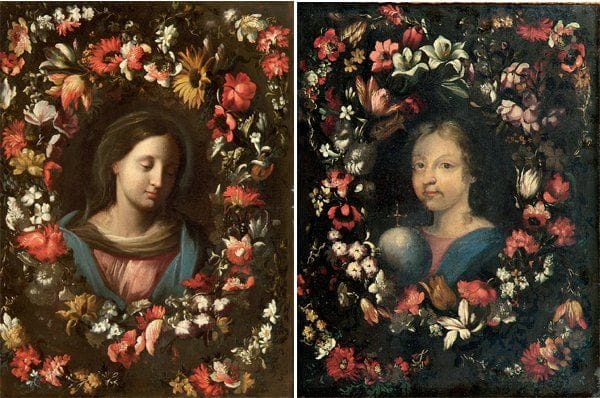 Attribué à Carlo MARATTA et Karel van VOGELAER (1625-1713) et (1653-1695)
Vierge dans une guirlande de fleurs Le Christ dans une guirlande de fleurs Paire de toiles. 62,5 x 49 cm (Restaurations sur le deuxième). La paire :