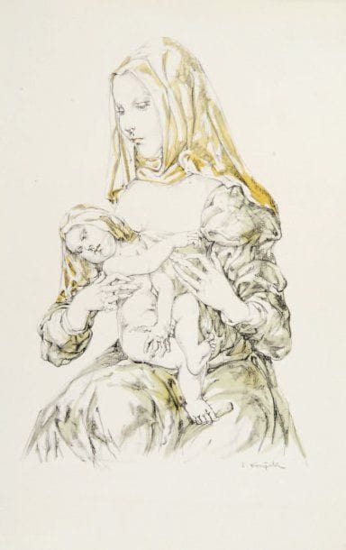 Léonard-Tsuguharu FOUJITA (1886-1968)
Vierge à l'Enfant. Vers 1950. Lithographie. 280 x 420. B. non décrit. impression en couleurs. Très belle épreuve sur vélin, signée à la mine de plomb. Plusieurs courts plis cassés et marge inférieure rempliée.