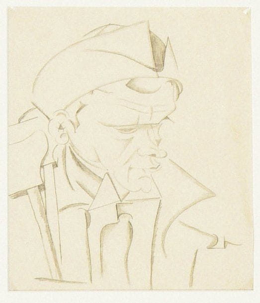 Léonard-Tsuguharu FOUJITA (1886-1968)
Portrait de soldat aux béquilles. 1915. Dessin à la mine de plomb sur papier, non signé. 20,5 x 17,5 cm. Cat. Expo Dinard (2004), p. 36, n° 008.