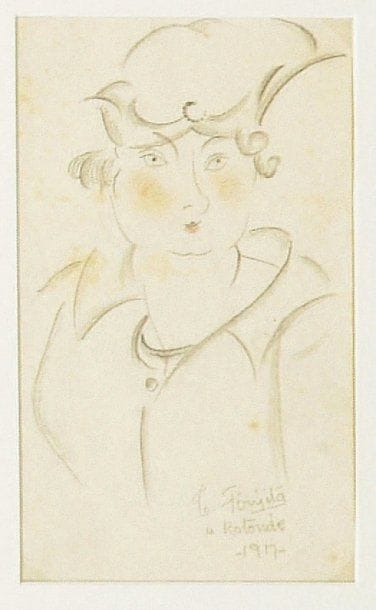 Léonard-Tsuguharu FOUJITA (1886-1968)
Portrait de femme au chapeau (présumée Chana Orloff). 1917. Aquarelle et mine de plomb sur papier, signée, située et datée en bas à droite « T.Foujita a Rotonde 1917 ». 12 x 10 cm.Cat. Expo Dinard (2004), p. 37, n° 009.