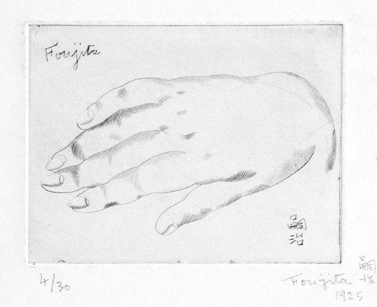 Léonard-Tsuguharu FOUJITA (1886-1968)
Main de Foujita. 1925. Eau-forte. 119 x 87. Buisson 25.70 ; cat. Expo Dinard (2004), p. 75, n° 060. Très belle épreuve sur vélin, numérotée, signée en caractères arabes et japonais à la mine de plomb et datée. Pli souple horizontal dans la marge inférieure et courts plis de manipulation. Toutes marges. Rare. Tirage à 30 épreuves.
