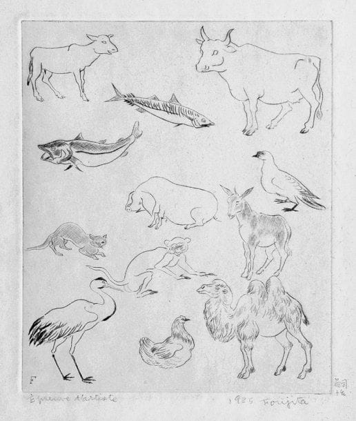 Léonard-Tsuguharu FOUJITA (1886-1968)
[Planche d'animaux]. 1925. Eau-forte. 144 x 173. Cat. Expo Dinard (2004), p. 75, n° 058. Très belle épreuve sur japon, justifiée « Épreuve d'artiste », datée et signée en caractères arabes et japonais à la mine de plomb. infimes plis de manipulation et légères traces de frottement. Toutes marges. De toute rareté.