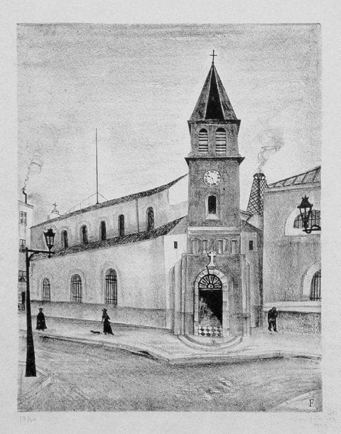 Léonard-Tsuguharu FOUJITA (1886-1968)
Église. 1925. Lithographie. 247 x 314. Cat. Expo Dinard (2004), p. 75, n° 057. Très belle épreuve sur japon, numérotée, datée et signée en caractères arabes et japonais à la mine de plomb. Belles marges. Tirage à 30 épreuves. Cadre.