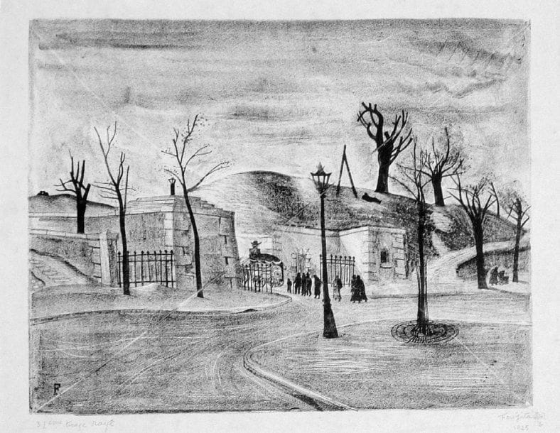 Léonard-Tsuguharu FOUJITA (1886-1968)
[L'Entrée du cimetière]. 1925. Lithographie. 320 x 245. Belle épreuve tirée sur la pierre biffée sur vélin fort, annotée à la mine de plomb : « 3 1ème tirage rayé », signée en caractères arabes et japonais et datée à la mine de plomb. Belles marges. Cadre.