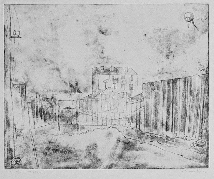 Léonard-Tsuguharu FOUJITA (1886-1968)
[Palissades et montgolfière]. 1925. Vernis mou. 245 x 198. Très belle épreuve sur simili-japon, justifiée à la mine de plomb « E.E. 1er état » et signée à la mine de plomb. Cadre.
