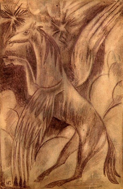 Nathalia Sergeivna GONTChAROVA (Nagaïevo, 1881 - Paris, 1962)
Pégase Crayon conté signé du monogramme en bas à gauche. 29 x 20 cm Provenance : Collection particulière. En 1901, à Moscou, elle étudie la sculpture chez F. Volnoukhine et Paul Troubetzkoy, et la peinture chez Constantin Korovine. Elle abandonne la sculpture en 1904 et se consacre à la peinture après sa rencontre avec Michel Larionov qui sera le compagnon de toute sa vie. Après un passage de l'impressionnisme au cubisme, son néoprimitivisme est, à partir de 1907, influencé par l'icône, l'imagerie populaire russe, les chromos, l'enseigne artisanale. Les thèmes chrétiens et, plus généralement, religieux ou d'inspiration paysanne dominent alors son oeuvre. Elle participe en 1906 à l'exposition d'Art Russe organisée au Salon d'Automne, à Paris, par Serge Diaghilev. En 1910, elle participe avec Larionov à la première exposition moscovite du Valet de Carreau. Dès 1911, elle participe au mouvement futuriste (livre-objet) 1912- 1915, puis à la création du rayonnisme en 1912-1913, mouvement non-figuratif. En 1912, elle expose au Cavalier Bleu à Munich et en 1913 à la Galerie Der Sturm à Berlin. Cette même année 1913, une grande rétrospective lui est consacrée à Moscou, dont le catalogue s'élève à près de 700 numéros, puis, en 1914, une exposition personnelle, au bureau artistique de Mme Dobytchina à Saint-Pétersbourg ; elle y montre ses derniers travaux rayonnistes. C'est aussi en 1914 qu'elle produit la série des lithographies intitulée Images mystiques de la guerre. En 1914, elle fait les décors du Coq d'or de Rimski-Korsakov pour les Ballets Russes et expose avec Larionov à la Galerie Paul Guillaume (préface du catalogue Apollinaire). Elle devient alors membre de l'association Mir Iskousstva. En juin 1915, elle quitte définitivement la Russie et réside pendant deux ans en Suisse. En 1917, elle accompagne la troupe de Diaghilev en tounée en Espagne, et en Italie, et s'installe avec Larionov à Paris en 1918. Elle obtient la nationalité française en 1939. Dans les années 19