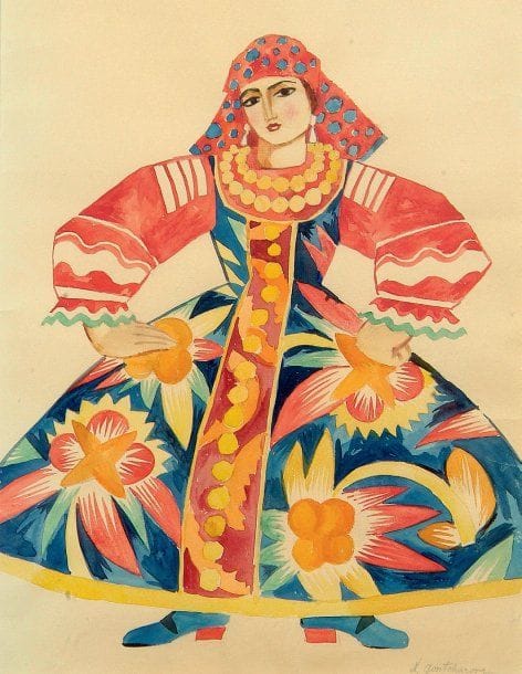 Nathalia Sergeivna GONTChAROVA (Nagaïevo, 1881 - Paris, 1962)
Étude de costume pour une paysanne (Costume pour le ballet Bogatyri), vers 1938. Gouache et crayon, signé en bas à droite. 47,5 x 36,5 cm Provenance : Ancienne collection Madame Moch, Paris. M. Anthony Parton a aimablement confirmé, oralement, l'authenticité de cette oeuvre. Le Ballet Bogatyri est un ballet en cinq scènes, musique d'Alexandre Borodin, projets décors et costumes de Gontcharova, chorégraphie originale de Léonide Massive. Première le 20 octobre 1938 à New York par les Ballets Russes de Monte-Carlo.