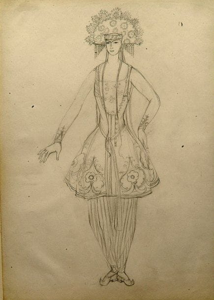 Nathalia Sergeivna GONTChAROVA (Nagaïevo, 1881 - Paris, 1962)
Projet de costume de danseuse, vers 1920 Dessin au crayon noir, porte une inscription N. Gontcharova au dos. 53 x 38 cm Provenance : Ancienne collection Madame Moch, Paris. Bibliographie : Catalogue de l'exposition : Les Russes de la Favière, Bormes-les- Mimosas, 2004, reproduit page 35. M. Anthony Parton a aimablement confirmé, oralement, l'authenticité de cette oeuvre.