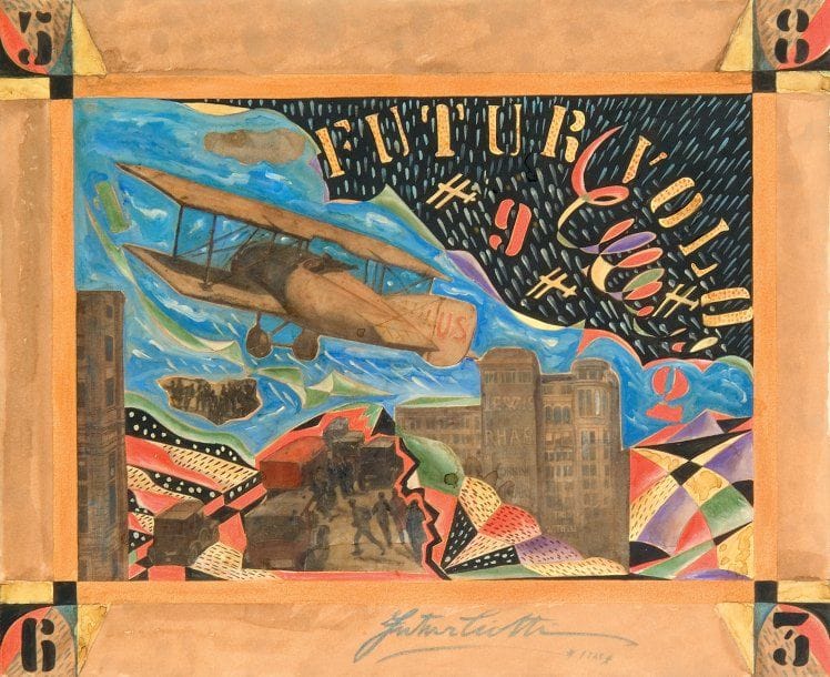 Guiseppe Ciotto FUTURCIOTTI (1898-1991) [Italien]
Futurvolo, 1925 Technique mixte et collage sur papier, signé et daté vers le bas et vers le milieu, resigné, retitré et porte les timbres : Archivio Generale delle opere del maestro, Futurciotti et celui de la Galerie il Fauno à Rome au dos. 38,5 x 47 cm