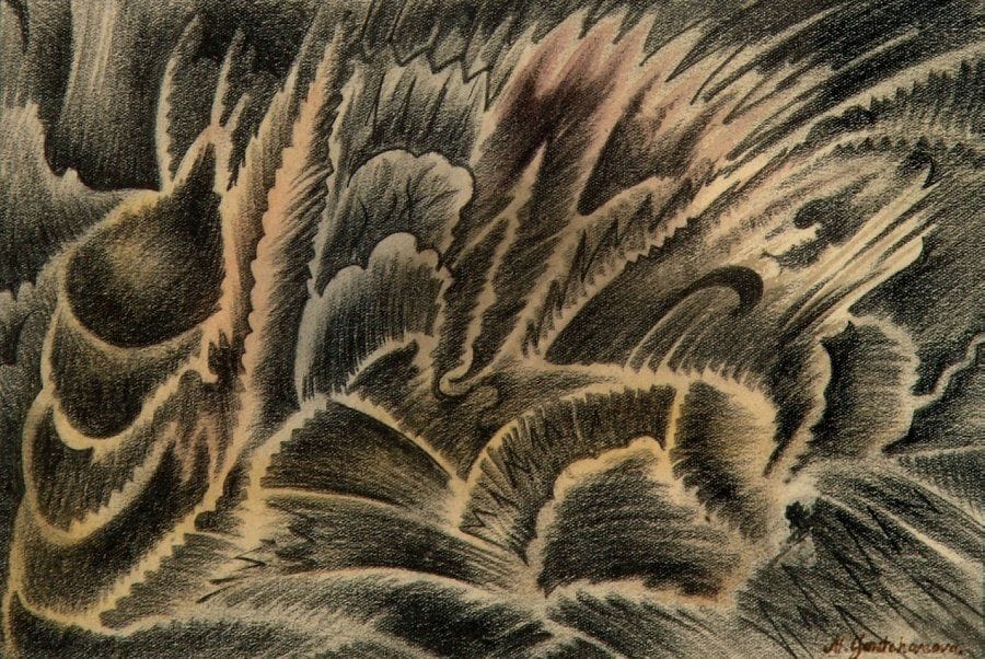 Nathalia Sergeivna GONTChAROVA (Nagaïevo, 1881 - Paris, 1962)
Paysage abstrait, vers 1917-1921 Dessin au crayon noir et crayons de couleurs, signé en bas à droite. 13,5 x 21,5 cm Provenance : - Ancienne collection du Dr Krichasky-Rappaport, Paris. - Collection particulière, Paris. Bibliographie : Figurera dans l'ouvrage à paraître en 2010 sur Gontcharova par Anthony Parton. Un rapport de M. Anthony Parton, en date du 2 décembre 2005, sera remis à l'acquéreur.