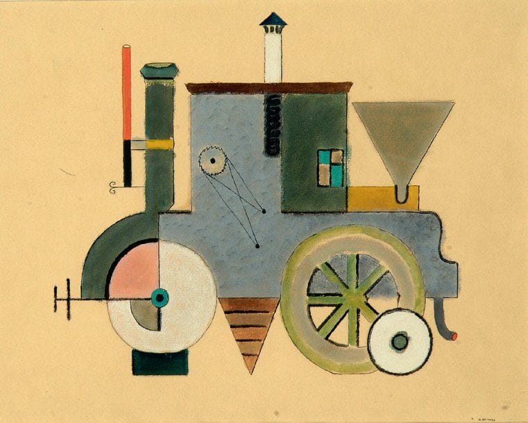 henrik NEUGEBOREN dit Henri NOUVEAU (Brasov-Kronstadt, 1901 - Paris, 1959)
Rouleau compresseur pacifiste, 1933 Technique mixte sur papier, signée des initiales et datée vers le bas à droite, resignée des initiales, située Paris, datée 29 IX 1933 et titrée Pazifistische Nervenwolze au dos. 29,5 x 37,5 cm Provenance : Achetée directement à l'artiste par la Galerie Darial, Paris. De 1921 à 1925, il étudie à l'Académie de Musique de Berlin, puis vient à Paris, où il travaille la composition à l'École Normale de Musique avec Nadia Boulanger jusqu'en 1927 ; il retourne alors en Allemagne et fréquente le Bauhaus de Dessau, où il rencontre Klee et Kandinsky. En 1929, il revient définitivement à Paris, laissant une oeuvre musicale (sous le nom de Neugeboren) et picturale importante, mais aussi un certain nombre d'écrits, dans son Journal, qu'il avait commencé à quinze ans. Ses premières oeuvres de peintre sont des collages non figuratifs exécutés à partir de 1923. Il interrompt en 1946 sa production musicale pour se consacrer exclusivement à la peinture. Henri Nouveau a peint plus de sept cents tableaux : ses premiers collages ont été suivis par des pastels de 1925 à 1930 et ensuite par des peintures à l'huile sur papier de petits formats. Sa sensibilité poétique et un penchant pour l'humour ont souvent tempéré la rigueur de ses compositions géométriques. À la demande de Picabia, il participe, en 1946, au premier Salon des Réalités Nouvelles, où il continua d'exposer chaque année. À part quelques participations à des expositions de groupe à l'étranger, il n'a fait que deux expositions personnelles à Paris et une à Bruxelles en 1955 Après sa mort, la galerie de France lui consacre une rétrospective, suivie par d'autres dans plusieurs musées de province et de l'étranger, notamment à Leverkusen et à Amsterdam, tandis que sont données des auditions de ses compositions de musique de chambre. In : Dictionnaire de la peinture, Édition Larousse