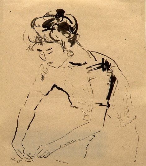 Antonina Fiodorovna SOFRONOVA (Droskovo, 1892-1966)
La couturière, 1925 Dessin à l'encre, signé des initiales et daté 25 en bas à gauche, certifié au dos par la fille de l'artiste. 18 x 14,5 cm Provenance : - Fille de l'artiste. - Ancienne collection d'Alexandre Zavolokine. - Collection particulière, Paris.