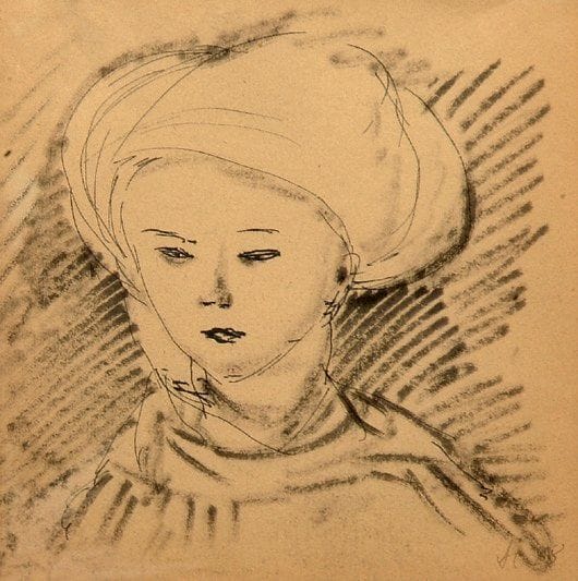 Antonina Fiodorovna SOFRONOVA (Droskovo, 1892-1966)
Jeune femme au turban, 1928 Dessin à l'encre, signé des initiales et daté 28 en bas à droite, cerifié au dos par la fille de l'artiste. 20 x 20 cm Provenance : - Fille de l'artiste. - Ancienne collection d'Alexandre Zavolokine. - Collection particulière, Paris.