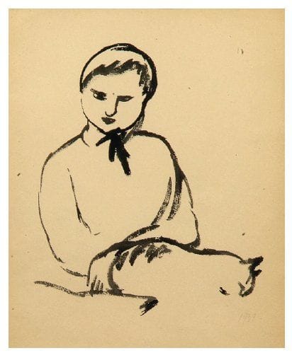 Antonina Fiodorovna SOFRONOVA (Droskovo, 1892-1966)
Jeune femme au chat, vers 1932 Dessin à l'encre au pinceau, porte une date vers le bas à droite et certifié au dos par la fille de l'artiste. 33,5 x 27,5 cm (Pliures). Provenance : - Fille de l'artiste. - Ancienne collection d'Alexandre Zavolokine. - Collection particulière, Paris.