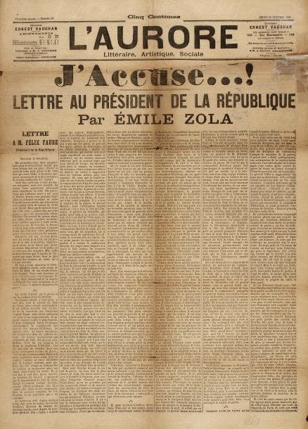 AFFAIRE DREYFUS - ZOLA Émile - J'Accuse in l'Aurore, numéro du 13 janvier 1898, 4 pp. in plano (petits trous et marques aux plis, quelques brunissures, mais état acceptable).
