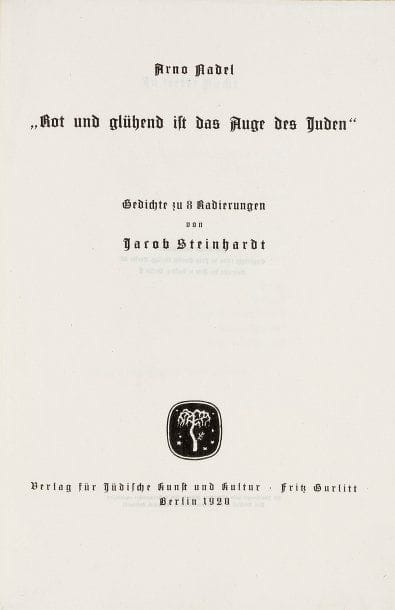 NADEL Arno
- Rot und Glühen ist das Auge des Juden. Gedichte zu 8 Radierungen von Jakob Steinhardt. Berlin, Gurlitt, 1920, un vol. in-8° cart. mod. (dos original toilé conservé, bel état intérieur). Recherché pour les superbes illustrations de J. Steinhardt, reproduites en héliogravure, sauf la première, gravure originale signée par l'artiste.