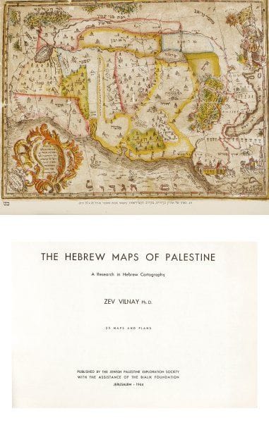 VILNAY Z.
- The hebrew maps of Palestine . A research in hebrew cartography with 25 maps and plans (en hébreu, avec titre en anglais et hébreu). Jérusalem, Jewish Palestine Exploration Society, 1944, un vol. in-folio oblong cart. éd., motif doré sur le premier plat, titre doré au dos (usures à la reliure, dos en partie dérelié, bon état intérieur). Ouvrage recherché pour son iconographie, certaines cartes étant reproduites en couleurs.