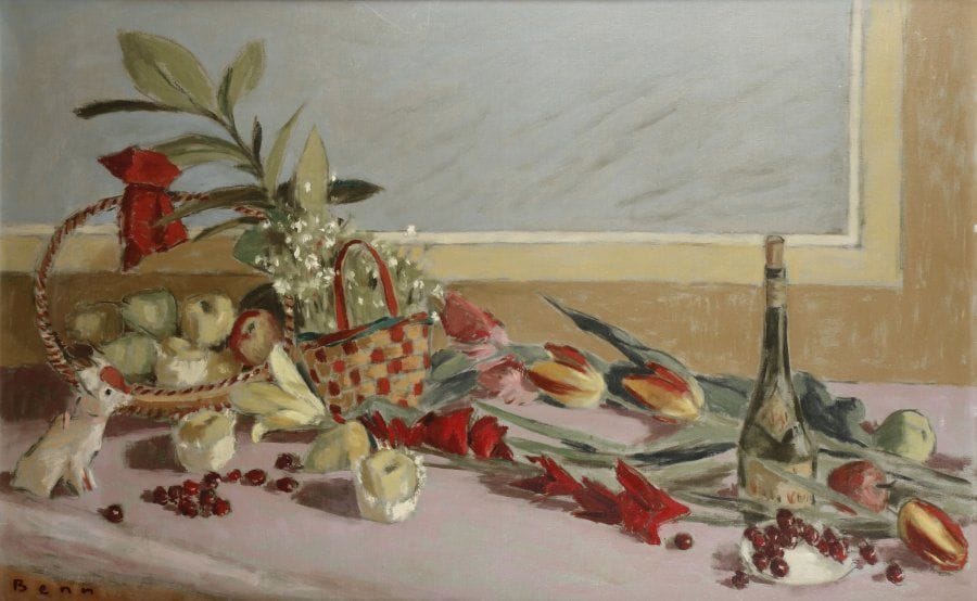 BENN (Benejou Rabinowicz dit, 1905-1989)
Nature morte au muguet, aux cerises et à la bouteille Importante huile sur toile, signée en bas et à gauche. 73 x 117 cm. (Petites griffures)