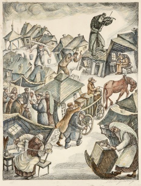 Chaïm GOLDBERG (né en 1917)
La vie au Shtetl Lithographie en couleurs signée en bas et à droite, marquée AP en bas et à gauche, légèrement insolée. 63 x 48 cm.