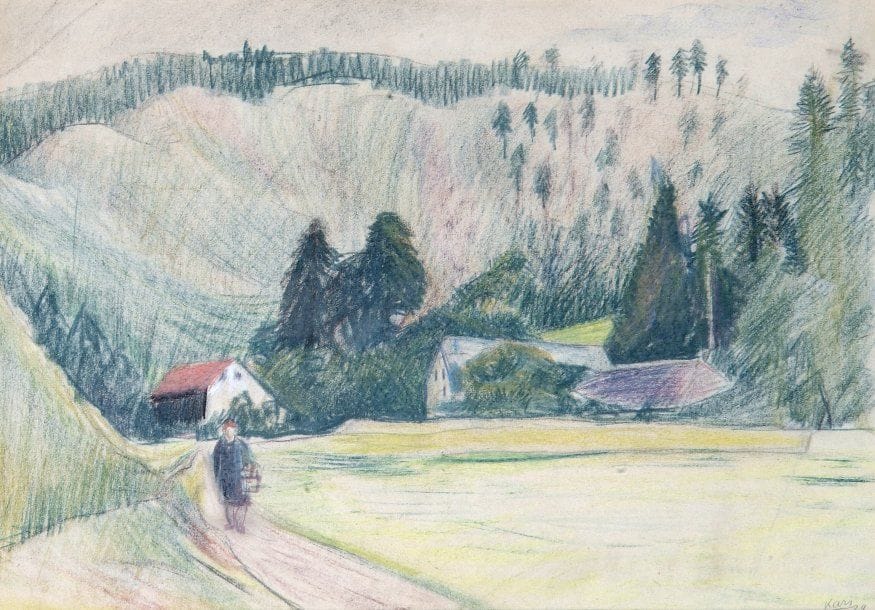 Georges KARS (1882-1945)
Personnage dans un paysage Dessin aux crayons gras de couleur sur papier, signé en bas et à droite et daté 29. 29 x 41 cm.