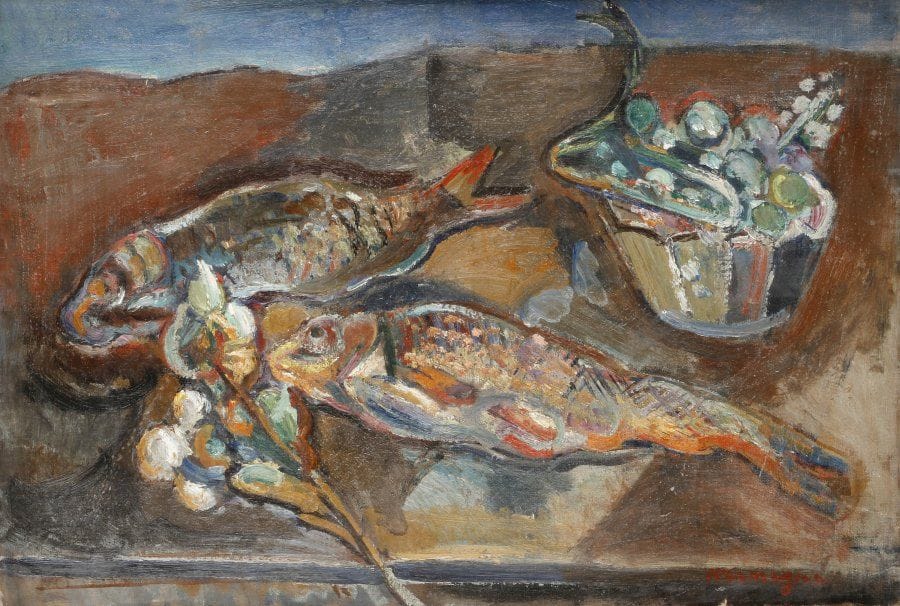 Pinchus KREMEGNE (1890-1981)
Nature morte aux deux poissons Huile sur toile, signée en bas et à droite. Restes d'une ancienne étiquette d'exposition au verso. 38 x 55 cm. (Petit manque de peinture au bord inférieur).