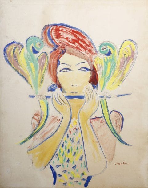 Isaac MINTCHINE (1900-1941)
Femme aux deux perroquets Gouache et aquarelle sur papier, marouflée sur carton entoilé, signée en bas et à droite. 91 x 73 cm.