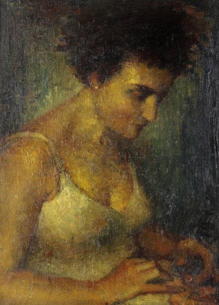 Jozef MITLER (1900-?)
Femme assise cousant Huile sur toile, signée en haut à gauche et datée 1968. 60 x 44 cm.