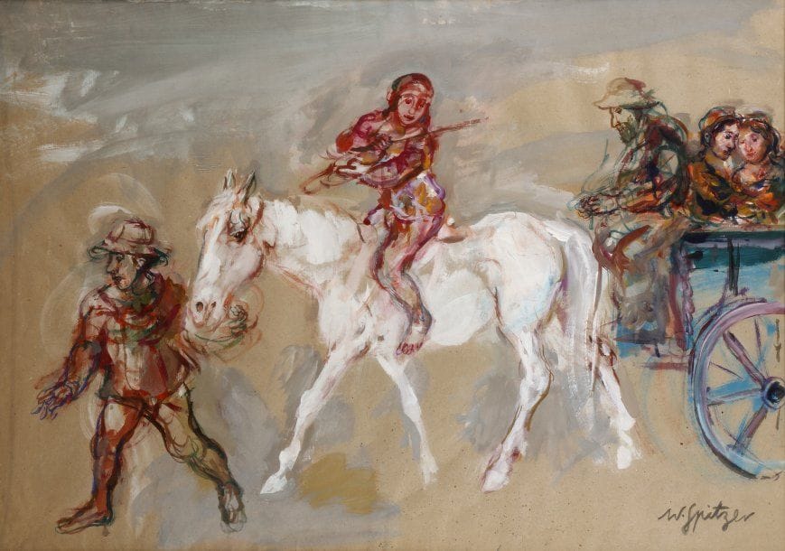 Walter SPITZER (né en 1927)
Le colporteur du Shtetl Huile sur toile, signée en bas et à gauche. 54 x 65 cm