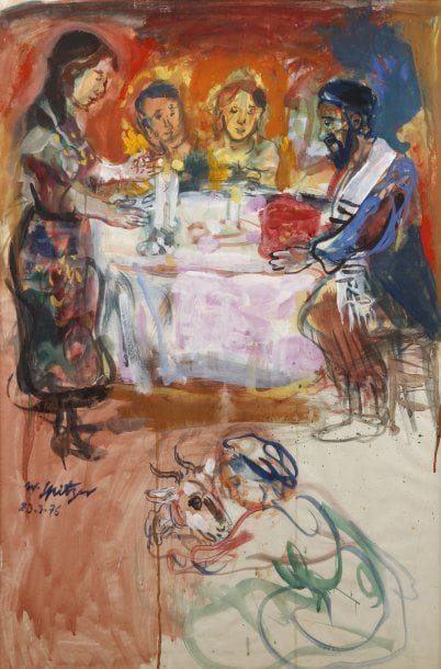 Walter SPITZER (né en 1927)
Le Shabbat en famille Gouache sur papier, signée et datée 76 en bas et à gauche, titrée au dos. 95 x 64 cm.
