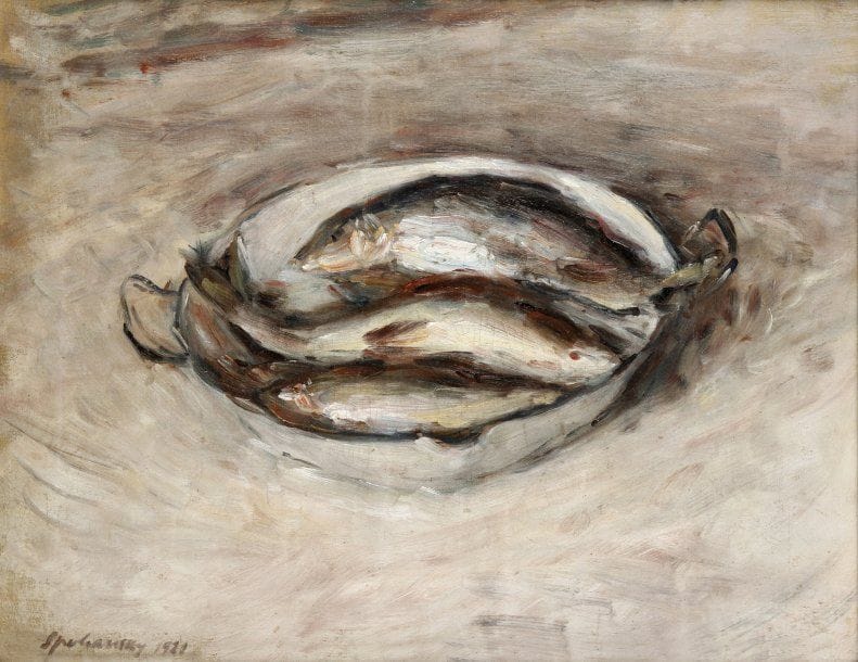 SPOLIANSKY ?
Nature morte aux poissons Huile sur toile, signée et datée 1921 en bas et à gauche. 33 x 47 cm.