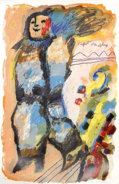 Théo TOBIASSE (né en 1927)
L'Enfant et les violons Lithographie. Feuillet : 600 x 900 mm. Impression en couleurs. Très belle épreuve sur vélin, numérotée et signée à la mine de plomb. Toutes marges. Tirage à 310 épreuves. Timbre japonais au verso.