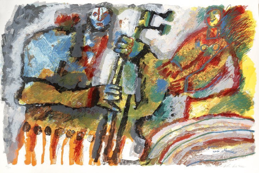 Théo TOBIASSE (né en 1927)
Sérénade pour une Muse Lithographie. Feuillet : 900 x 600 mm. Impression en couleurs. Parfaite épreuve sur vélin, numérotée et signée à la mine de plomb. Toutes marges. Tirage à 310 épreuves. Timbre japonais au verso.