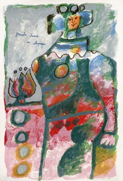 Théo TOBIASSE (né en 1927)
Grande dame au chapeau Lithographie. Feuillet : 600 x 900 mm. Impression en couleurs. Très belle épreuve sur vélin, numérotée et signée à la mine de plomb. Traces d'oxydation, petits restes d'adhésif et épidermures aux bords du feuillet au verso. Toutes marges. Tirage à 310 épreuves. Timbre japonais au verso.