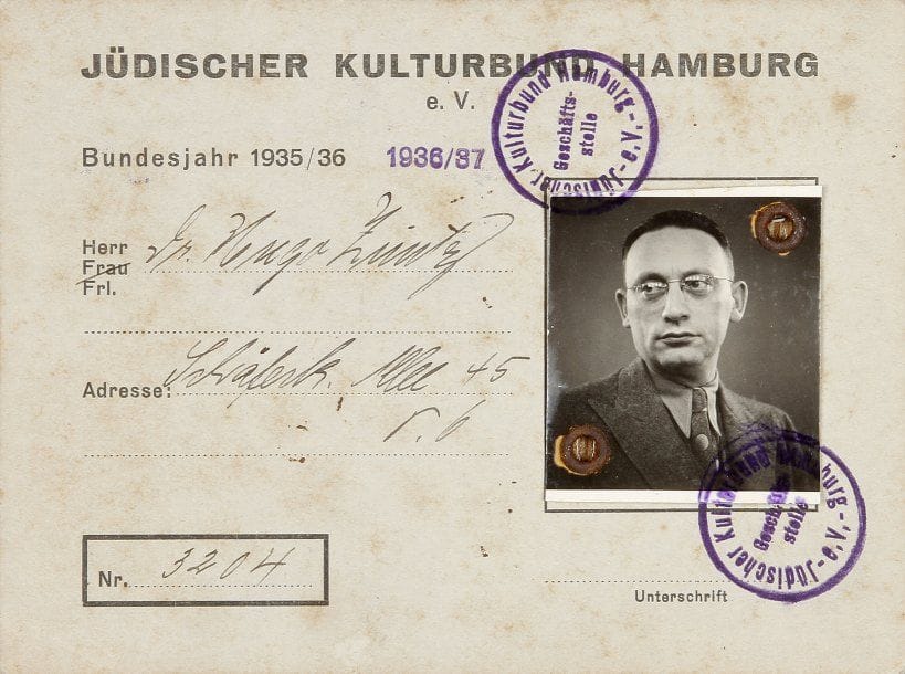 ALLEMAGNE - Jüdischer Kulturbund Hamburg. Carte de membre avec photo pour les années 1935/36 et 1936/37. Émouvant document.