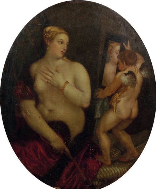 Ecole FRANCAISE du XVIIe siècle, d'après TITIEN
Vénus à sa toilette toile ovale. 98 x 78 cm reprise avec variantes du tableau conservé à la National Gallery de Wahington (toile, 124,5 x 105,5 cm ; voir h.e. Wethey, the paintings of titian, iii the Mythological and historical Paintings, londres, 1975, n° 51, reproduit en couleur pl. 57).