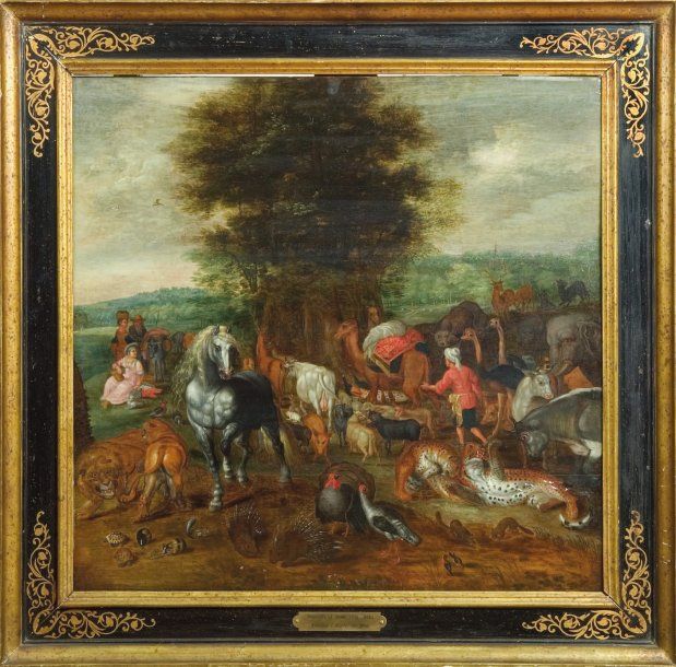 Ecole FLAMANDE du XVIIe siècle, bis atelier de Jan BRUEGHEL
Le JEUNE l'arche de Noé Panneau, trois planches, renforcé 57 x 57 cm reprise partielle du tableau conservé au Prado qui reprend un modèle de Jan Brueghel l'Ancien conservé dans une collection américaine (voir Kl. ertz, Jan Brueghel the Younger, Freren, 1984, n° 97, reproduit).