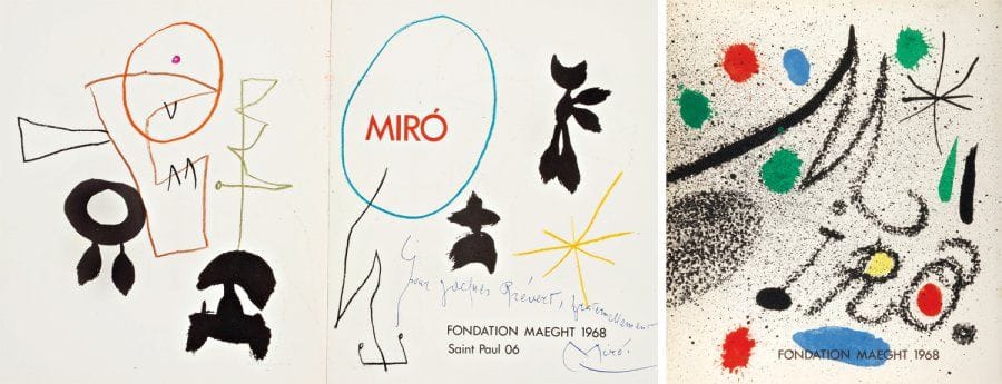 Joan MIRO
Miró. [Catalogue] Fondation Maeght 1968. Petit in-4 non paginé, broché, couverture illustrée. Deux lithographies originales et nombreuses reproductions, dont une planche dépliante (avec marques de scotch). DESSINS ORIGINAUX sur la double page de titre aux crayons gras noir, marron, orange, rouge, vert, bleu et jaune, avec DEDICACE autographe au stylo bille bleu : « Pour Jacques Prévert, fraternellement Miró ».