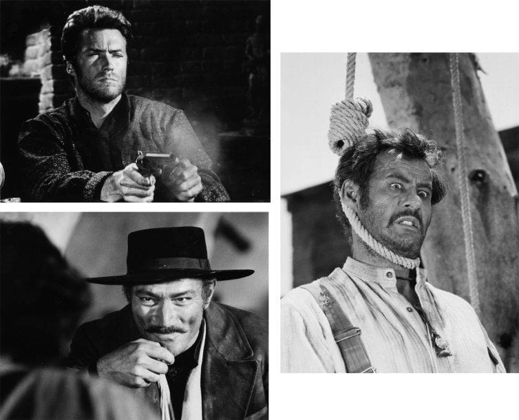 The good, the bad and the ugly (Le bon, la brute et le truand), 1966. De Sergio Leone, avec Clint Eastwood, Eli Wallach et Lee Van Cleef. Huit tirages argentiques d'époque par Vaselli. Tampon Foto Vaselli aux versos. 24 x 18 cm. On joint un document tapuscrit.