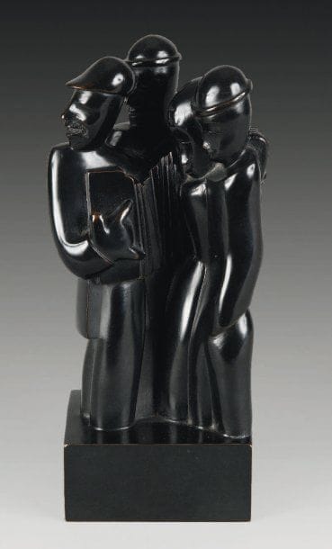 Jean LAMBERT-RUCKI (1888-1967)
L'Accordéoniste. Bronze à patine noire. Signé et portant le cachet JDV. Fondeur Candide. Numéroté 1/8. Fonte posthume d'après un modèle de 1925. 19,7 x 9,2 x 7,2 cm. Exposition : Les parisiens et les autres. Galerie de Vos. Paris, du 26 mai au 26 juin 1993.