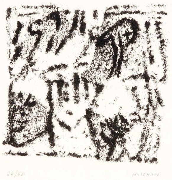 Henri MICHAUX (1899-1984)
Sans titre. 1974. Lithographie. 150 x 148. Mason-Cherix 119. Parfaite épreuve sur vélin filigrané « ARCHES », numérotée et signée à la mine de plomb. Toutes marges. Tirage à 60 épreuves. Édition du Point Cardinal. Cadre.