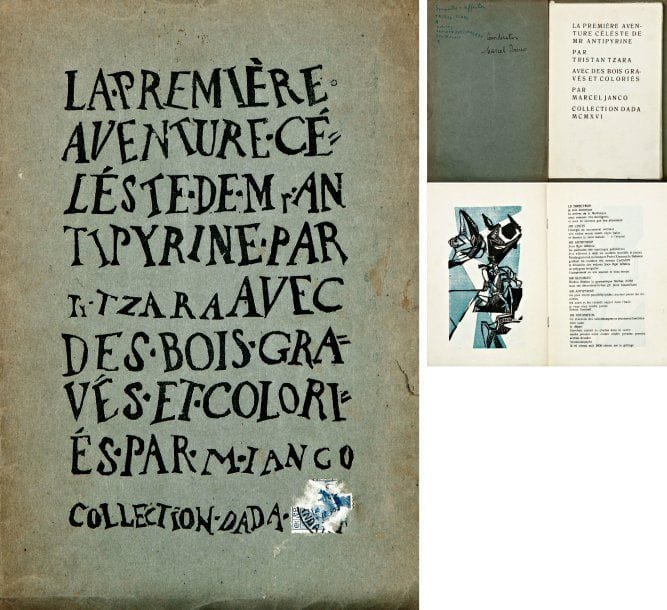 Tristan TZARA (1896-1973) - Marcel JANCO (1895-1984)
Tzara,Tristan. La Première Aventure Céléste [sic] de Mr Antipyrine par Tristan Tzara avec des bois gravés et coloriés par Marcel Janco. Collection Dada. Zurich, Heuberger, 1916. Plaquette format 164 x 234 mm, brochée, 16 pp., illustrée de 7 bois gravés par M. Janco (6 en noir et bleu, le cul-de-lampe en noir), le titre de couverture également gravé par Janco. Ex. sur vergé. Envoi des auteurs au verso du 1er plat (sans indication de destinataire) : à l'encre verte, « Sympathie et affection / Tristan Tzara / Zürich I / Fraumünsterstrasse 21/ Centralhof » et à l'encre noire, « Considération / Marcel Janco ». Deux corrections typographiques à l'encre au feuillet 13 (de la main de Janco ou de Heuberger). Plis de manipulation et courts plis cassés à certains feuillets. Courtes déchirures et petits plis à la couverture, et timbre-poste collé sur le prix. Très rare. Tirage non précisé (hormis 10 ex. sur Hollande). Premier livre de Tzara, et premier de la « Collection Dada ». Première publication des Dadaïstes de Zurich. Cette oeuvre dramatique fut représentée pour la première fois lors de la « Manifestation Dada » du 27 mars 1920 à la Maison de l'OEuvre. Les interprètes étaient Ph. Soupault, L. Aragon, P. Éluard, A. Breton, T. Tzara dans son propre rôle... Réf. : Tristan Tzara, OEuvres complètes, I, p. 638 H. Berggruen, Bibliographie des oeuvres de Tristan Tzara, 1 Ilk, Marcel Janco, das graphische Werk, pp. 11-25, 77-78, ill. CR1-CR8.