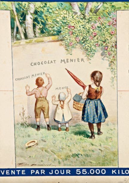 FIRMIN BOUISSET (1859-1925)
Yvonne surveille deux marmots qui écrivent Chocolat Menier sur un mur (plan éloigné). Gouache sur carte. Signée en bas à gauche. 29,3 x 29,5 cm. Un bandeau rajouté : « vente par jour 55 000 kilos ».