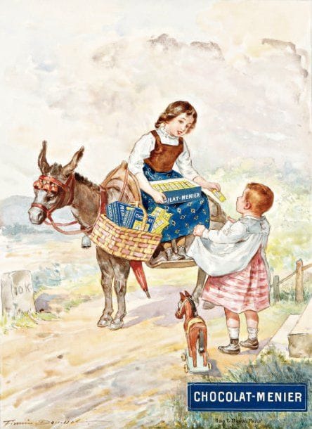 FIRMIN BOUISSET (1859-1925)
Yvonne, montée sur un âne, offre une tablette de chocolat à un garçonnet. Gouache sur carte. Signée en bas à gauche. 28,5 x 21 cm. Bandeau chocolat Menier rajouté. Mention imp. L. Revon, Paris.