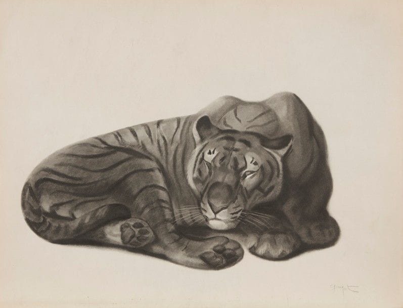 Georges-Lucien GUYOT (1885-1973)
Panthères, Puma, Tigre 
Suite de trois lithographies en noir sur papier. Bords très légèrement jaunis, bord inférieur légèrement plié sur la planche figurant le tigre. Chacune signée GUYOT dans la planche. 24 x 32 cm 