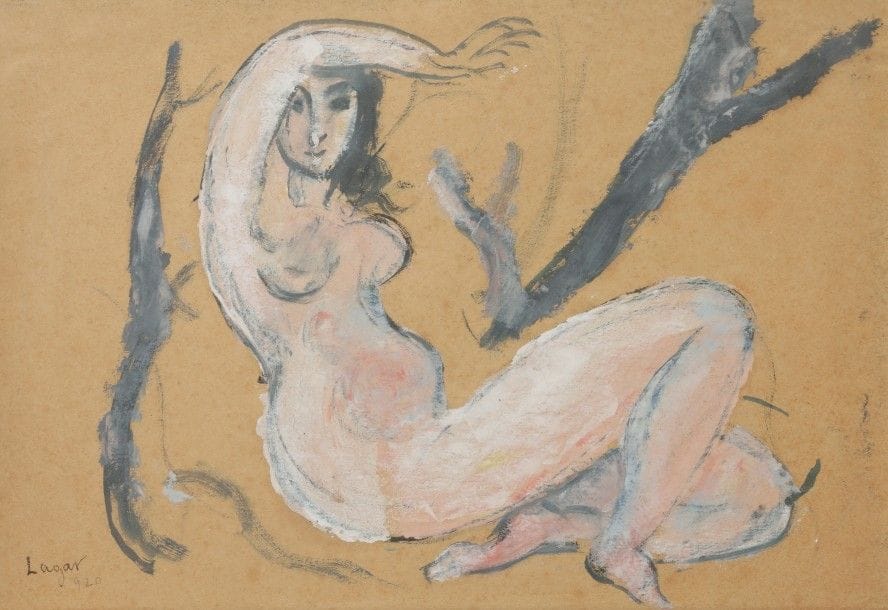 Celso LAGAR (1891-1966)
Femme nue allongée, 1920
Gouache.
Signée et datée en bas à gauche.
29.5 x 43.5 cm

Provenance : 
Ancienne collection André Level. Par descendance.
