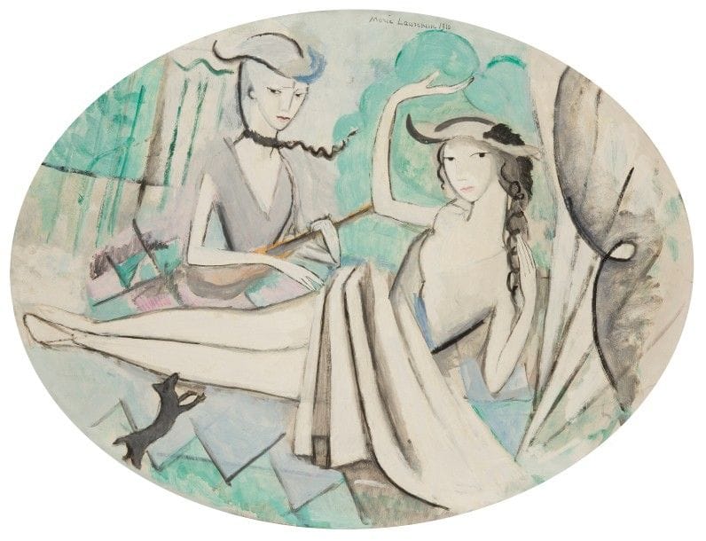 Marie LAURENCIN (1885-1956)
Les Deux sœurs, 1910
Huile sur carton ovale.
Signée et datée en haut au centre.
53 x 65 cm

Provenance : 
- Collection Henri-Pierre Roché, Meudon.
- Collection de Madame X., Mulhouse.

Exposition : 
- 6e Salon de la folle enchère, Paris, Galerie Bernheim-Jeune, Société des amateurs d’art et collectionneurs, 1930, reproduit (étiquette au dos).
- L’École de Paris, 1900-1950, Londres, The Royal Academy, 1951, numéro 80, reproduit page 13.
- Le Cubisme, Paris, Musée National d’Art Moderne, 1953, numéro 42 (étiquette au dos). 
- 2e Biennale du Musée d’Art Moderne de Sao Paulo, 1953-54 (étiquette au dos).
- Marie Laurencin, Düsseldorf, Kunsthalle, 1957, numéro 4.
- Marie Laurencin, Japon, Tokyo Shimbun, 1982, numéro 9.

Biographie :
Daniel Marchesseau, Marie Laurencin 1883-1956 Catalogue raisonné de l’Œuvre peint, Éditions du Musée Marie Laurencin, Japon, 1986, numéro 92, reproduit en noir et blanc page 84 et planche XII reproduit en couleur page 41.
