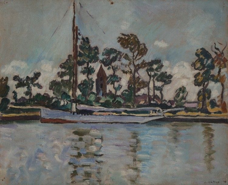 Louis VALTAT (1869-1952)
Bateau sur le canal, Ouistreham, vers 1930
Huile sur toile.
Signée en bas à droite.
(Usures).
33 x 41 cm

Provenance : 
Ancienne collection du peintre André Fildier. Par descendance.

Un avis d’inclusion aux Archives de l’Association des Amis de Louis Valtat sera remis à l’acquéreur.
